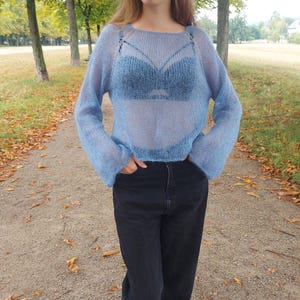Пуловер из мохера, dünner Strickpullover, синий пуловер, пуловер Hand gestricker, für Damen Strickkleidung, вязаный свитер, Netzpullover