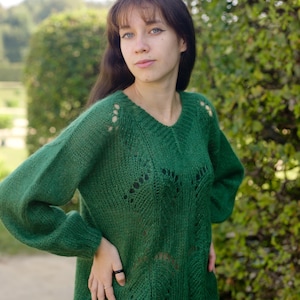 Grüner Kid Mohair Strickpullover: Blattmuster Lurex-Pullover