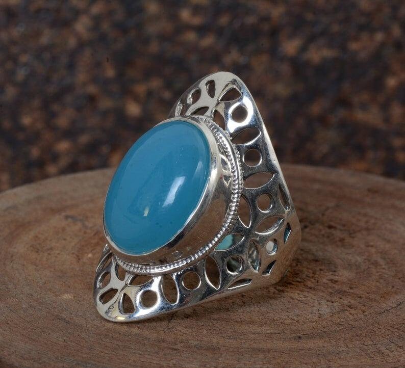 Blue chalcedony Ring,Handmade Ring,Unique Ring,Boho Ring,Anniversary Ring,Wedding Ring,Vintage Rings,Silver gemstone ring,Valentine Ring