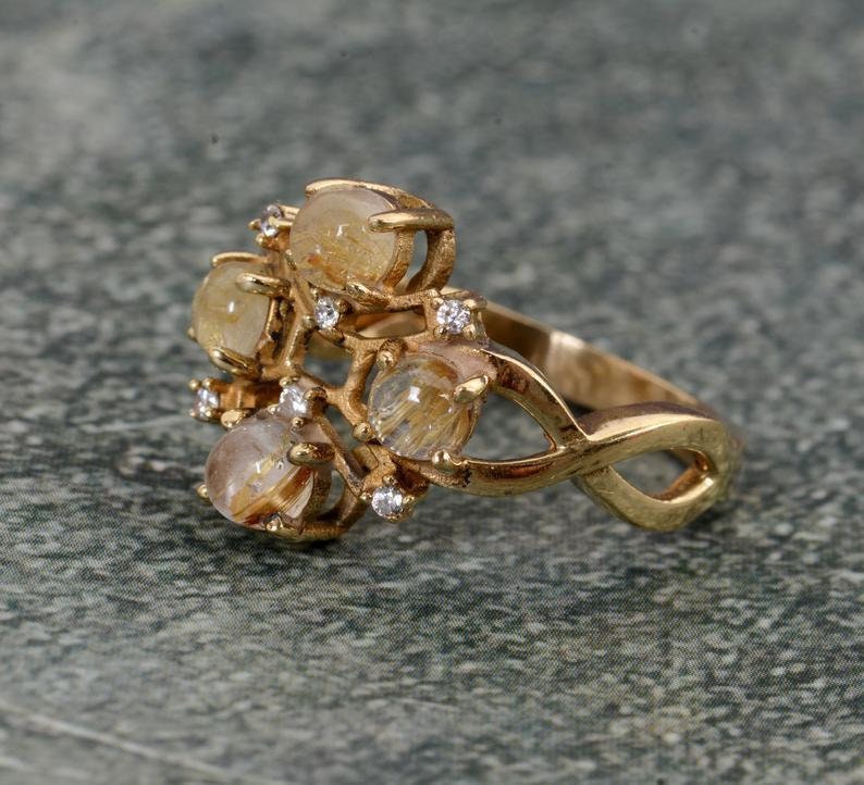 Golden Rutile Gemstone Brass Ring,Golden Rutile Ring,Sterling Brass Ring,Round Shape Ring,Midi Ring,Birthday Gift,Valentine Day Ring Gift