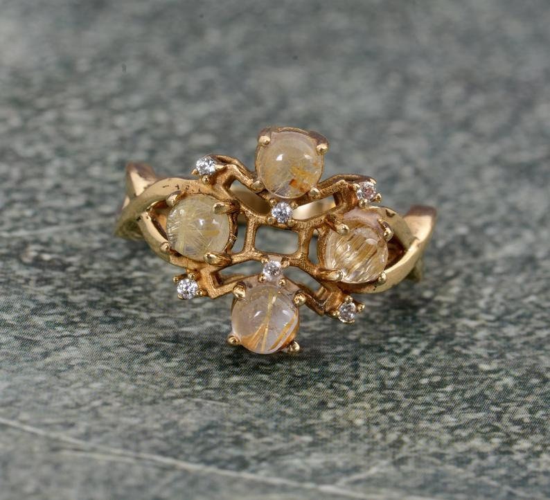 Golden Rutile Gemstone Brass Ring,Golden Rutile Ring,Sterling Brass Ring,Round Shape Ring,Midi Ring,Birthday Gift,Valentine Day Ring Gift