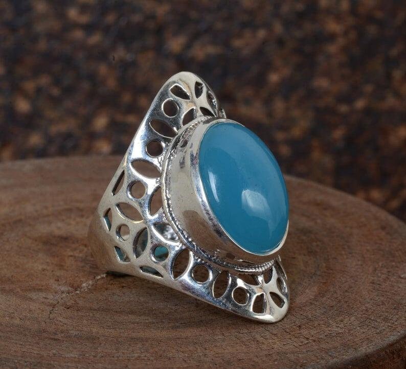 Blue chalcedony Ring,Handmade Ring,Unique Ring,Boho Ring,Anniversary Ring,Wedding Ring,Vintage Rings,Silver gemstone ring,Valentine Ring