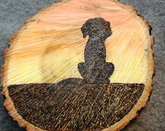 Dog Wood Art - Watercolour/Pyrography on log slice - Silhouette sunset