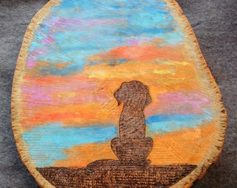 Dog Wood Art - Watercolour/Pyrography on log slice - Silhouette sunset