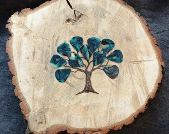 Guitar pick Tree Art on log slice