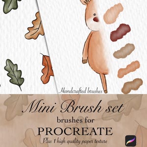 Puede incluir: Un conjunto de arte digital con una ilustración de ciervo y muestras de color. Se muestra el texto "Handcrafted brushes" y "Mini Brush set". El conjunto incluye pinceles para Procreate y una textura de papel de alta calidad.