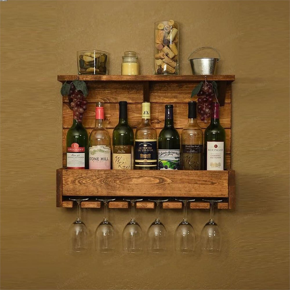 Wood Wine Rack Wall Mounted Shelf & Stemware Glass Holder Etsy
