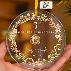 Personalized 3rd Anniversary Glass Ornament, Three Years Together Gift, Third Year Gift For Husband Wife Couple, Leather Anniversary Gift