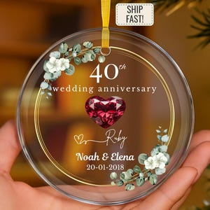 Personalized 40th Wedding Anniversary Glass Ornament, 40 Year Anniversary Gifts, Forty Anniversary Gift, Ruby Anniversary Gift For Parents