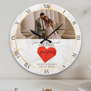 Personalized 1st Wedding Anniversary Wall Clock, Paper Wedding Anniversary Modern Clock, Custom First Anniversary Gift for Husband Wife