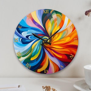 May include: A colorful abstract clock with Roman numeral markings. The clock face features a swirling design of blue, yellow, orange, red, and purple hues.