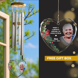 Personalized Memorial Wind Chime, Custom Photo Sympathy Glass Ornament Gift, Elegant Remembrance Keepsake for Mom Dad Passing Away