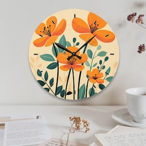 Personalized Floral Wall Clock, Orange Flower Clock, Bold Flower Wall Clock, Abstract Art Decor, Kitchen Clock, Floral Art Wall Clock Gift f