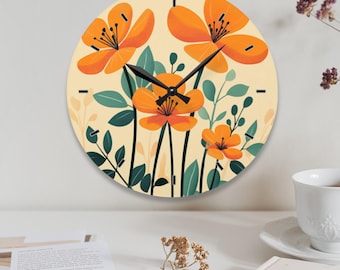 Personalized Floral Wall Clock, Orange Flower Clock, Bold Flower Wall Clock, Abstract Art Decor, Kitchen Clock, Floral Art Wall Clock Gift f