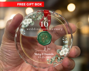 Personalized 16th Wedding Anniversary Glass Sun Catcher, Wax Anniversary Ornament, 16 Year Together Keepsake Present for Husband Wife