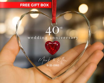 Personalized 40th Wedding Anniversary Ornament – Custom Heart Glass Gift with Names, Ruby Heart & Date – Gift for Parents - Elegant Keepsake