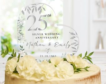Personalized 25th Wedding Anniversary Cake Topper, Silver Anniversary Heart Plaque Gifts for Parents Husband Wife, Custom Elegant Keepsake