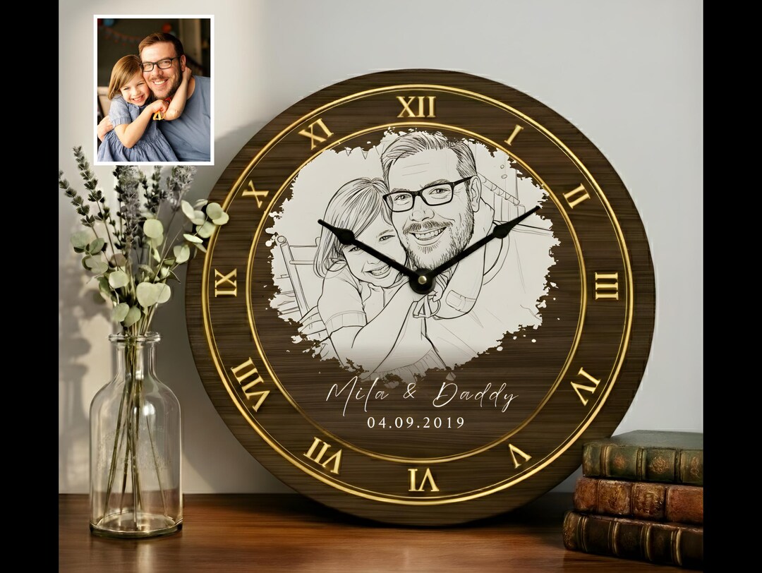 Custom Family Clock With Line Art Photo, Personalized Dad Gift From ...