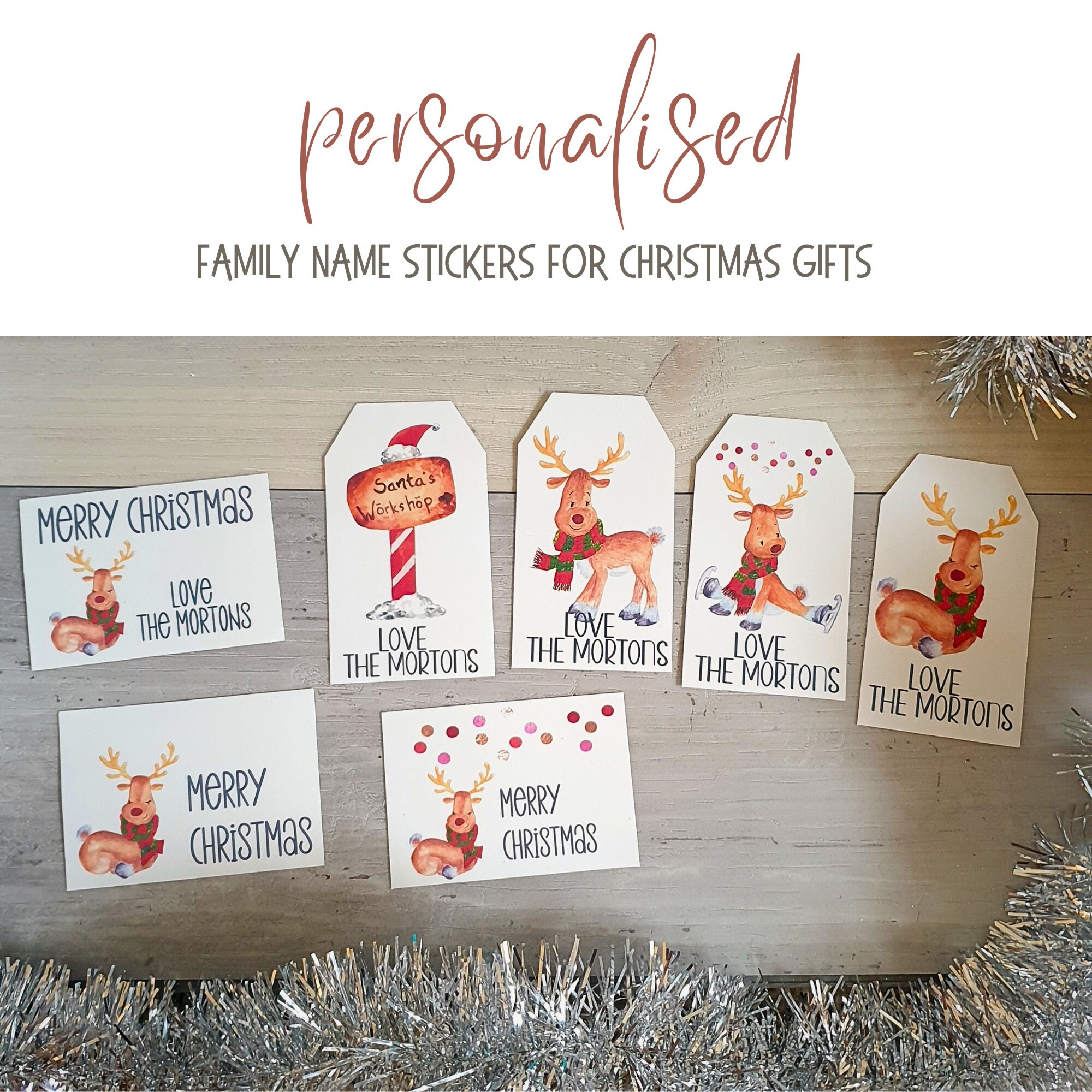 Étiquettes de cadeau de Noël personnalisées pour cartes et cadeaux,  ensemble de 7 autocollants de renne, autocollants de Noël de nom de famille  -  France