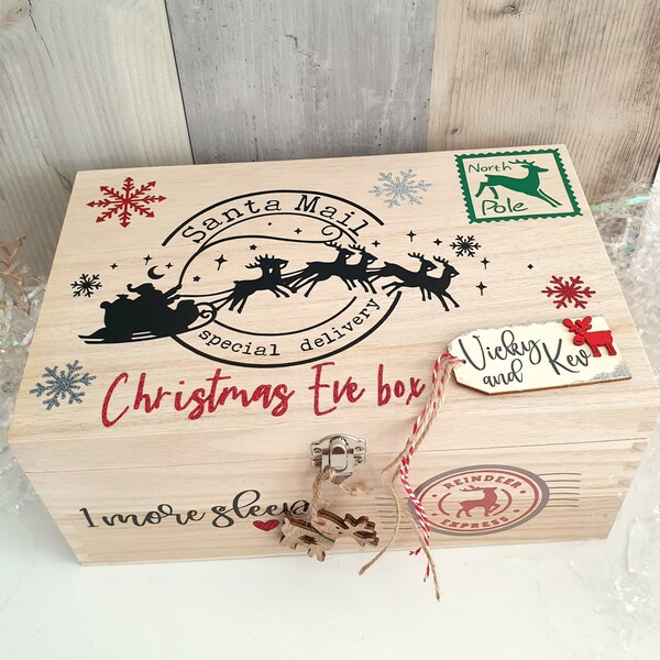 Wooden Christmas Eve Box, Personalised Christmas Box Keepsake, Glittery Snowflakes, Reindeer Design, Large & Medium Christmas Box