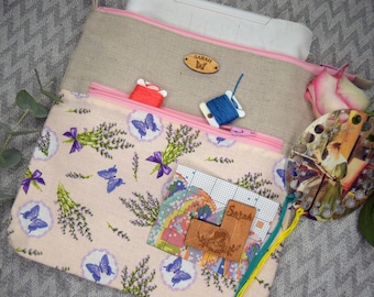 Big accessory set 3 pcs - Cross stitch project bag Floss holder Pattern window