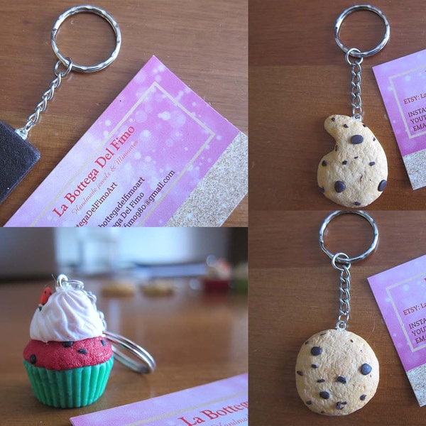 Porte-clés biscuit fimo, cupcakes miniatures, snacks, gouttes, cookies, idée cadeau