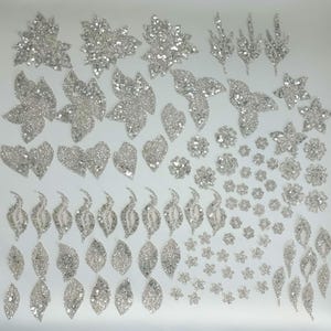 Glitter flowers applique Leaf applique 100 pieces Mixed sizes silver sequins flowers leaves on beige mesh Sew-on patch Floral lace applique