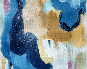 ミニ抽象油絵二連画：青と黄色のモダンアートセット - Etsy 日本