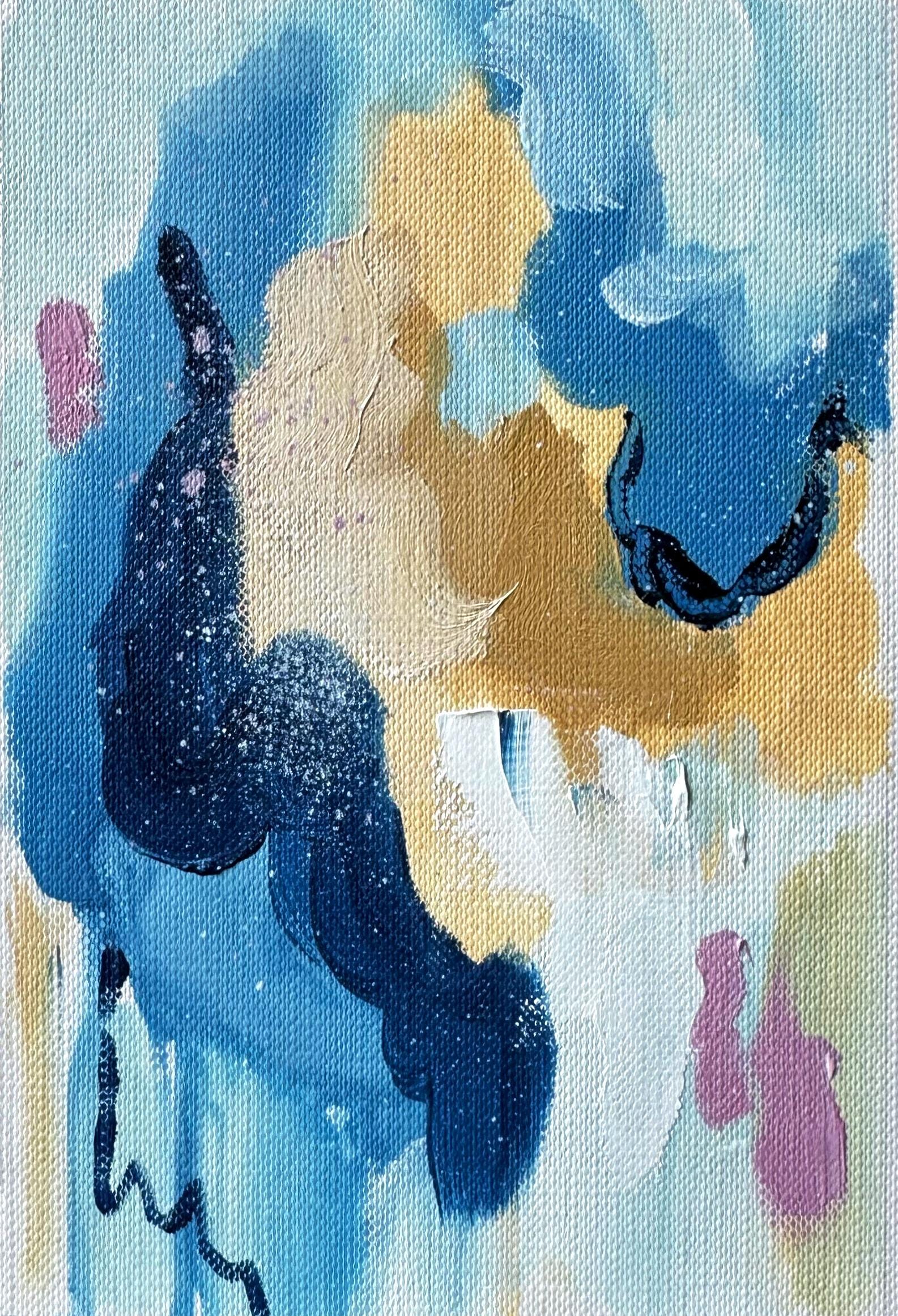 ミニ抽象油絵二連画：青と黄色のモダンアートセット - Etsy 日本