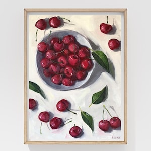 Pintura al óleo original: Cerezas rojas en un tazón - Arte de cocina de naturaleza muerta