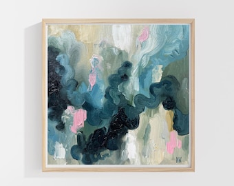 Textured Abstract Oil Painting: Green, Pink, and Ivory - 20x20cm