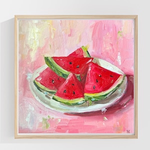Summer Essential – Watermelon Still Life Oil Painting 30x30cm, Bright Fruit Kitchen Art