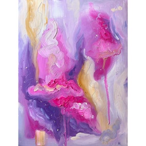May include: Abstract painting with swirling pink, purple, and gold paint. The colors are vibrant and the brushstrokes are loose and expressive.