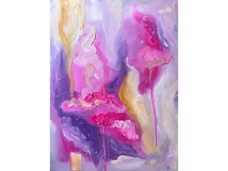 May include: Abstract painting with swirling pink, purple, and gold paint. The colors are vibrant and the brushstrokes are loose and expressive.