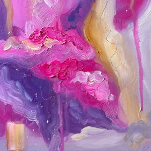 May include: Abstract painting with swirling pink, purple, and white paint. The paint is thick and textured, creating a sense of movement and depth. The background is a light purple.