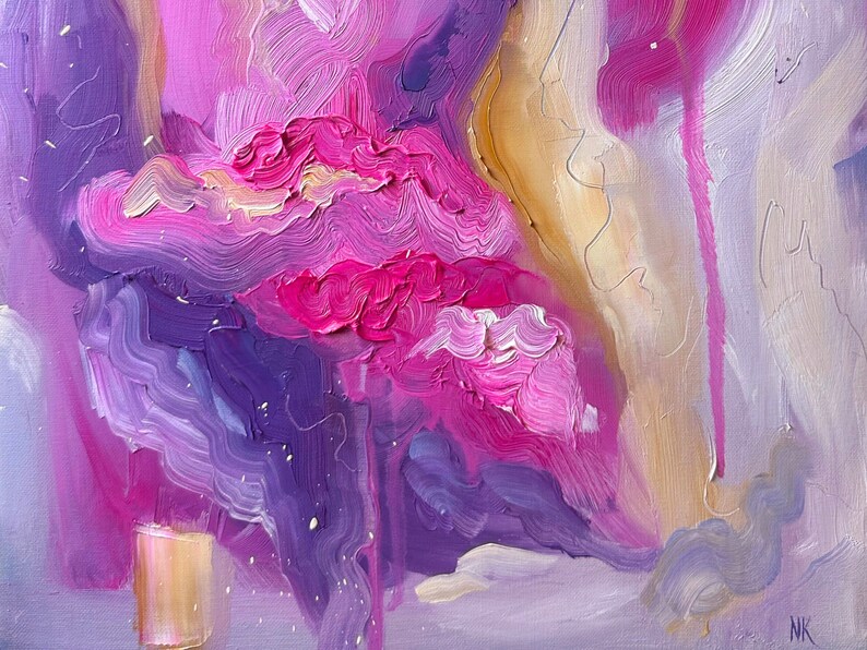 May include: Abstract painting with swirling pink, purple, and white paint. The paint is thick and textured, creating a sense of movement and depth. The background is a light purple.