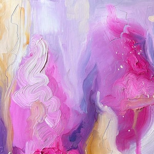 May include: Abstract painting with swirling pink, purple, and gold paint. The colors are blended together to create a soft, dreamy effect.
