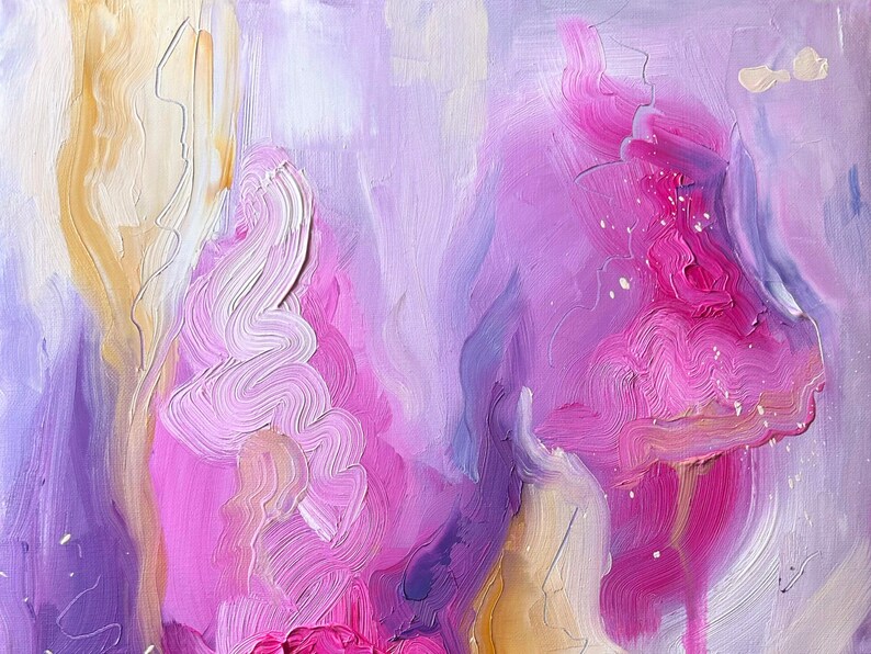 May include: Abstract painting with swirling pink, purple, and gold paint. The colors are blended together to create a soft, dreamy effect.