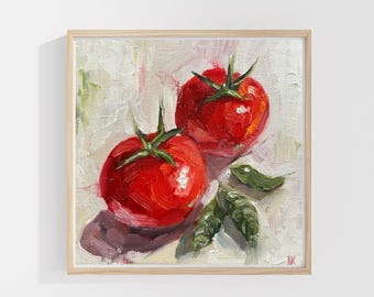 Tomato Oil Painting – Rustic Kitchen Still Life Artwork, 20x20 cm