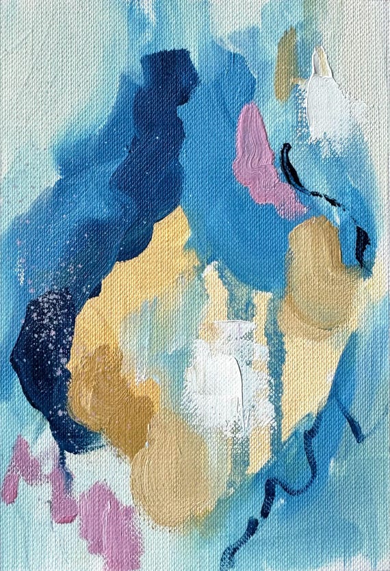 art 油絵 2点セット 抽象画 ミニ抽象油絵二連画：青と黄色のモダンアートセット - Etsy 日本