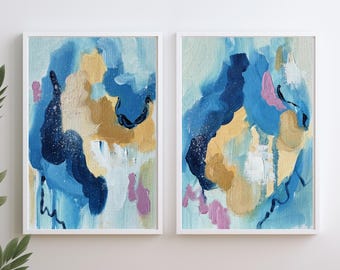 ミニ抽象油絵二連画：青と黄色のモダンアートセット - Etsy 日本