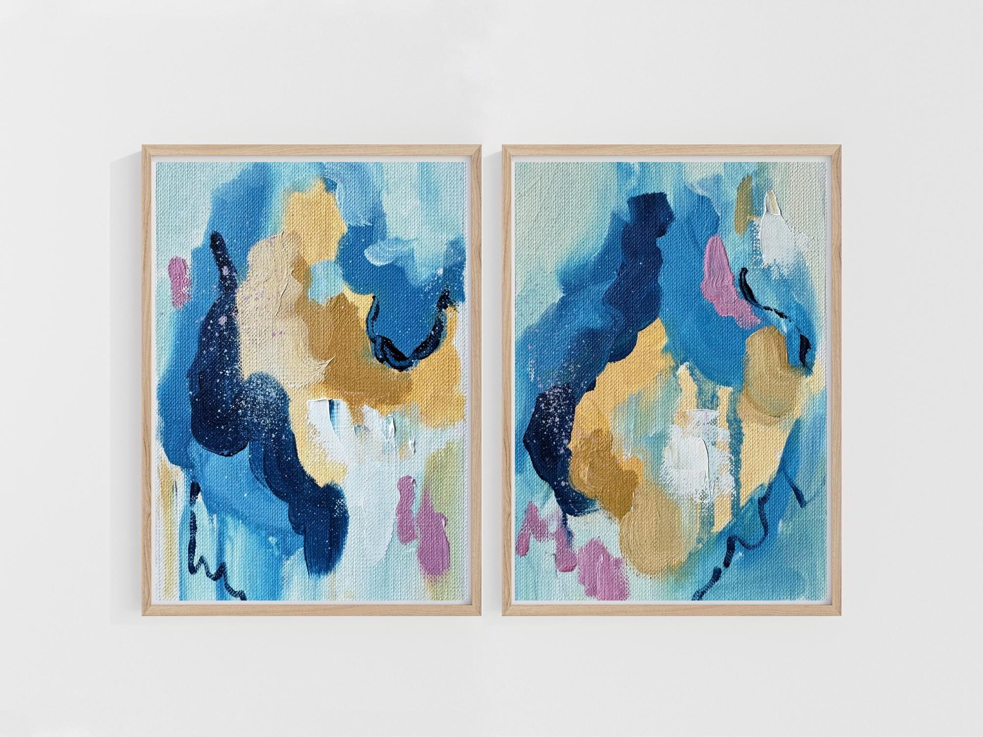 ミニ抽象油絵二連画：青と黄色のモダンアートセット - Etsy 日本