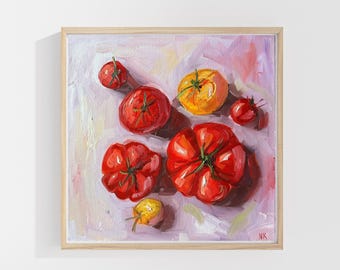 Playful Tomato Oil Painting | Original Kitchen Wall Art (30x30 cm)
