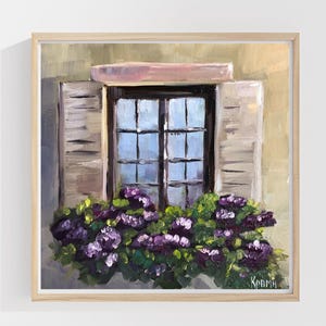 Peinture à l'huile de fenêtre rustique : oeuvre d'art murale de cottage provençal, volets floraux