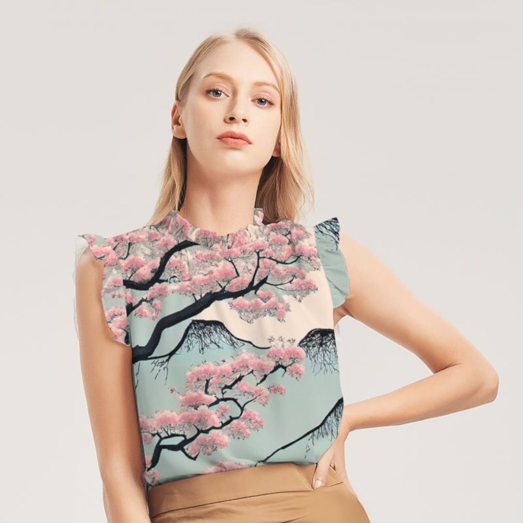 Japanese Ruffle Pattern Ethereal Japanese Spring Landscape Ruffle Sleeve Top Lightweight ...