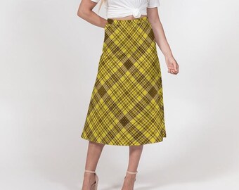 Vintage-Inspired A-Line Cut Midi Skirt with Side Zipper, Yellow and Brown Tartan Design