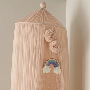 Blush cot canopy, canopy with pom poms, nursery сanopy,  bed baldachin tent, canopy over cot, tulle canopy, pink canopy curtains, play yents