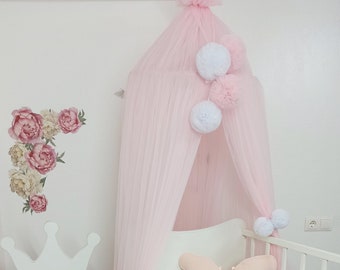 Dossel redondo de tule estilo princesa com pompons, decoração para berço de bebê.