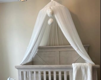 White nursery canopy with pom poms, Princess room сanopy, Canopy over cot, Bed baldachin, Tulle nursery canopy, Baldachin for kids room