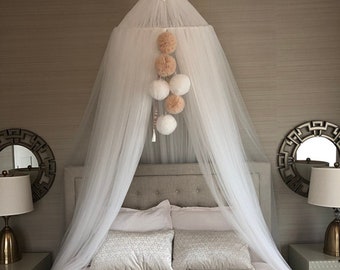 Luxury Bed Canopy with Pompoms, Custom Canopy for Queen Bed, Big Tent for Kids’ Reading Nook or Playroom, Custom Bed Tent for Queen Frame